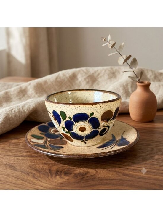 Ken Edwards Other - Vintage Tonala Mexico Studio Pottery Cup Saucer Set Signed Blue Butterfly 6"